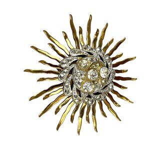 Vintage Gold Tone Sunburst Rhinestone Brooch Pin Retro